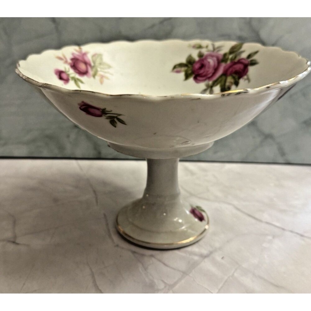 Vintage Lefton China 097R Pedestal Compote Bowl Pink Roses Hand Painted Gold